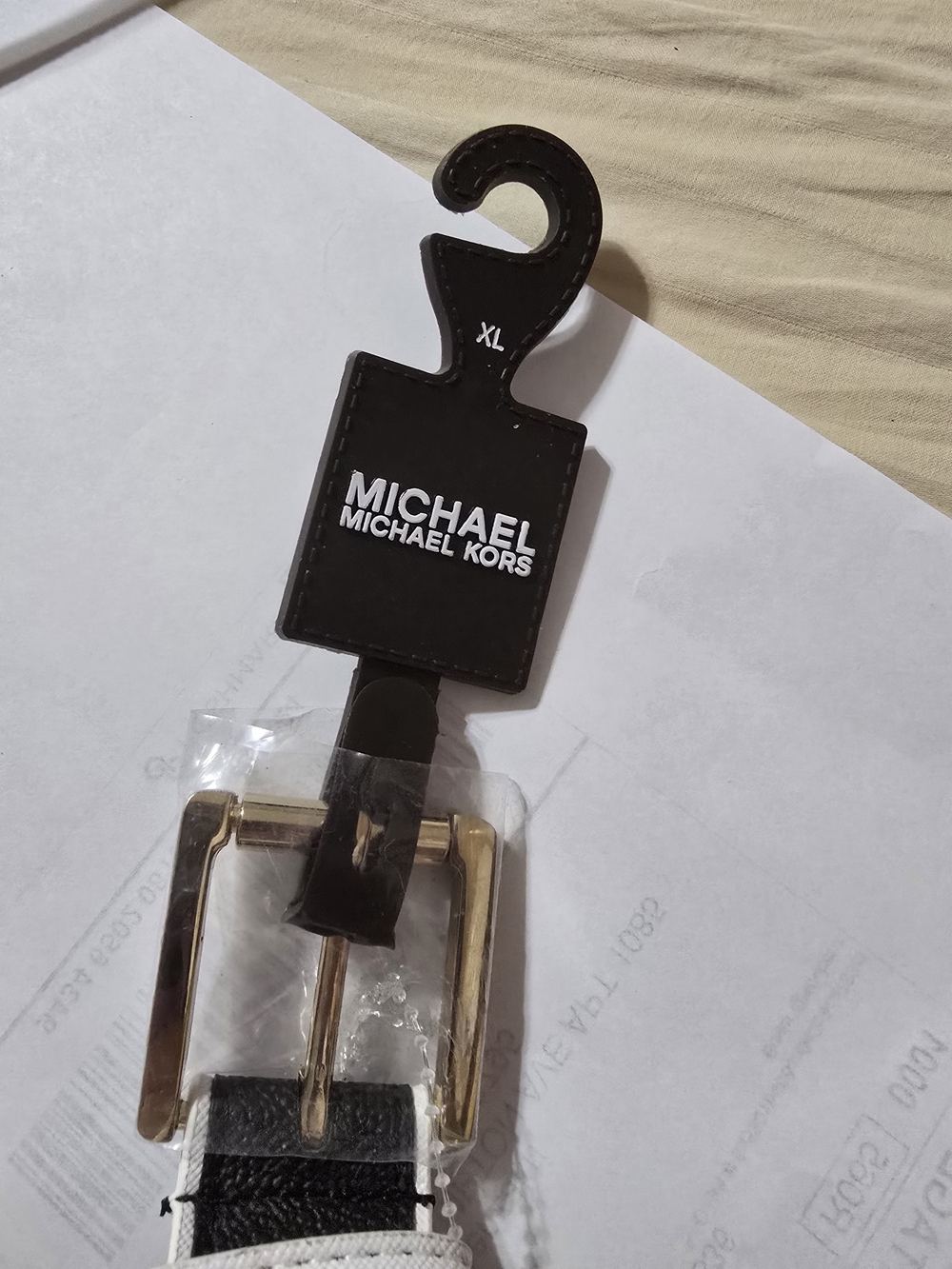 MICHAEL Michael Kors Black and White Leather Belt with Gold Buckle